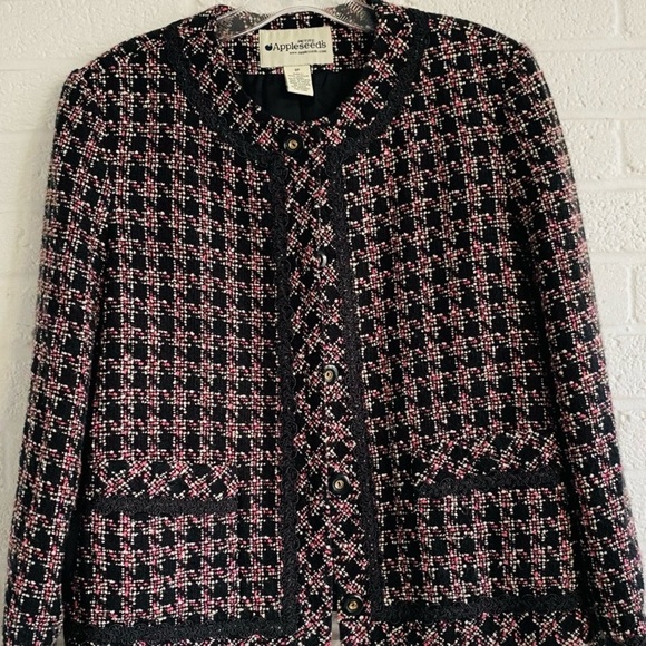 VINTAGE Tweed Structured Blazer Cropped Jacket Black Pink Size 8P - Picture 5 of 13